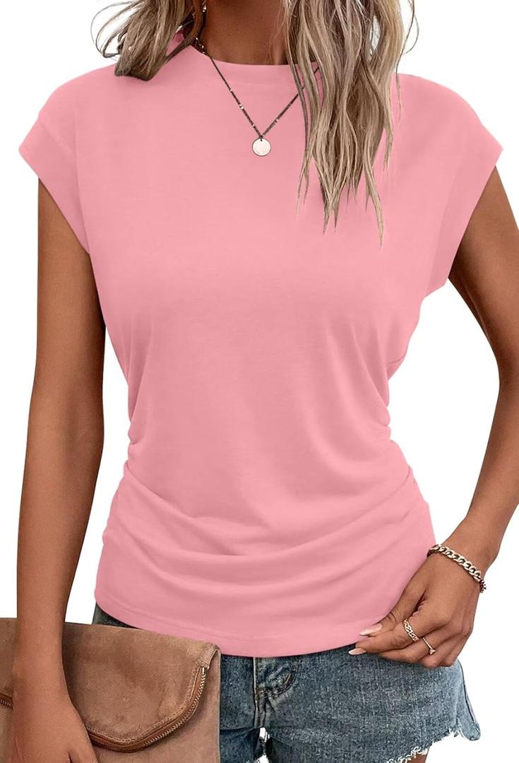 Bliwov Womens Summer Tops Cap Sleeve Crew Neck T Shirts Spring Trendy Fashion Outfits Business Beach Vacation Blouses Clothes Pink (Pink, L)