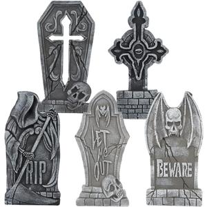 JOYIN 17" Halloween Decorations Outdoor Tombstones, 5 Pack Halloween Graveyard Foam Headstones Decor with 12 Metal Stakes for Prop Cemetery Yard Lawn Decorations, Party Supplies (Gray)