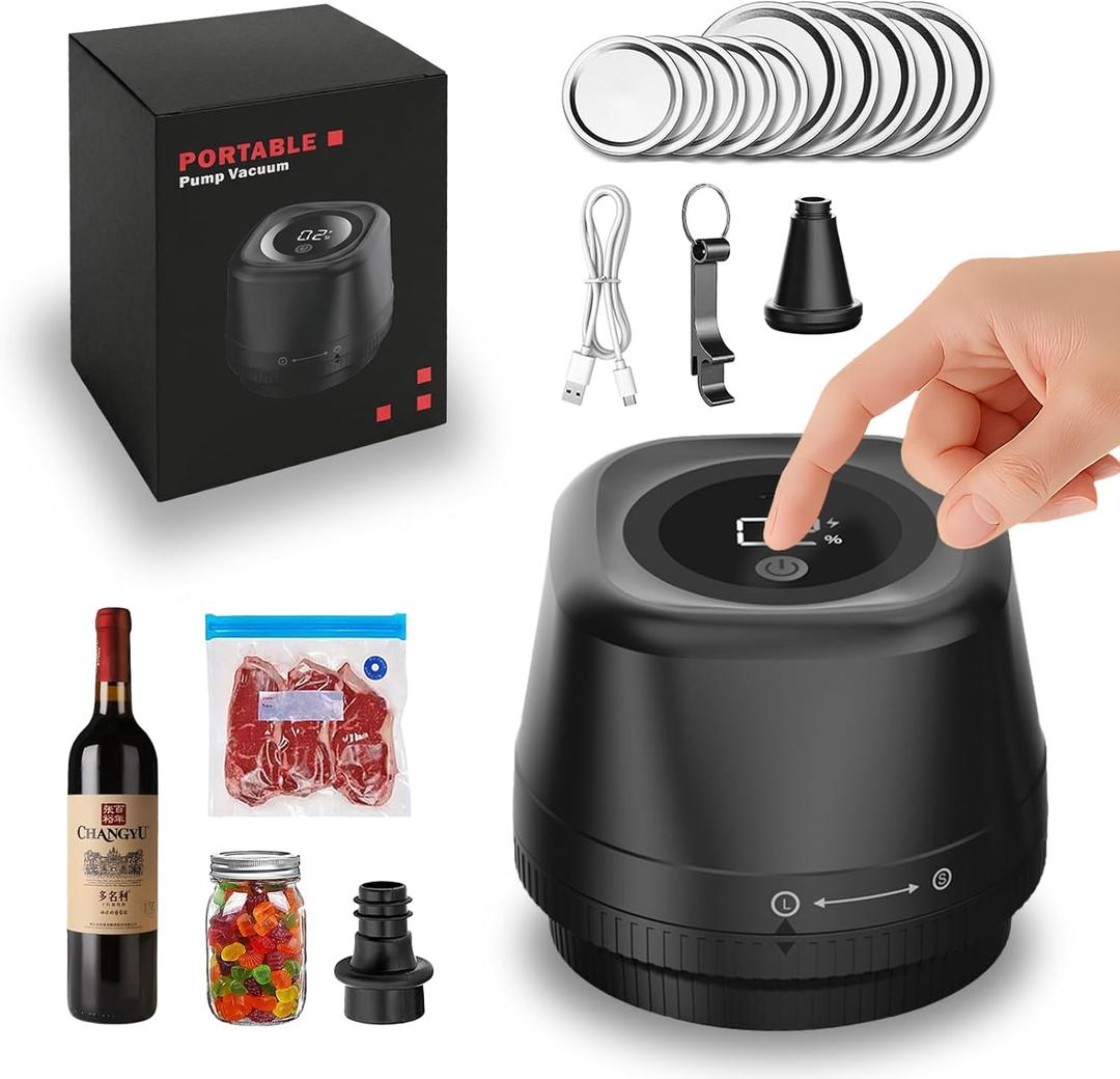 Mason Vacuum Sealer Kit, Compact Vacuum Sealer for Mason Jars & Vacuum Bags, Includes Lids, Stopper, Bag & Accessories, Electric Canning Sealer for Pressure Canning, Black