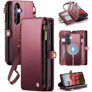 Defencase for Samsung Galaxy S25+/ S25 Plus Magnetic Wallet Case Compatible with Magsafe with RFID Blocking Zipper & Card Holder, PU Leather Detachable Phone Case for Galaxy S25+/ Plus 6.7", Wine Red