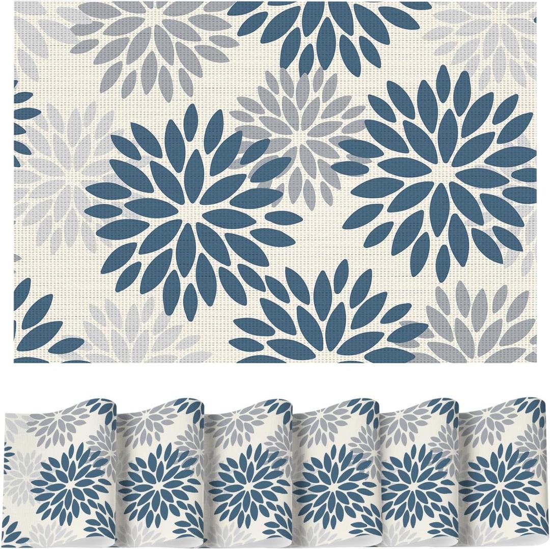 Artoid Mode Floral Vinyl Plistic Placemats Set of 6, Washable Heat Resistant Non-Slip Woven Plastic PVC Place Mats for Farmhouse Holiday Party Kitchen Dining Decor (12" x 18", Rectangular 6 Pcs, Beige/Blue)