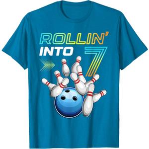 Rollin Into 7 Retro Bowling Birthday Party 7th Birthday T-Shirt, Small