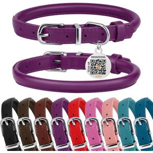 BRONZEDOG Rolled Leather Dog Collar for Small Medium Large Dogs with QR ID Tag (L: 16-18 Inch, Plum)