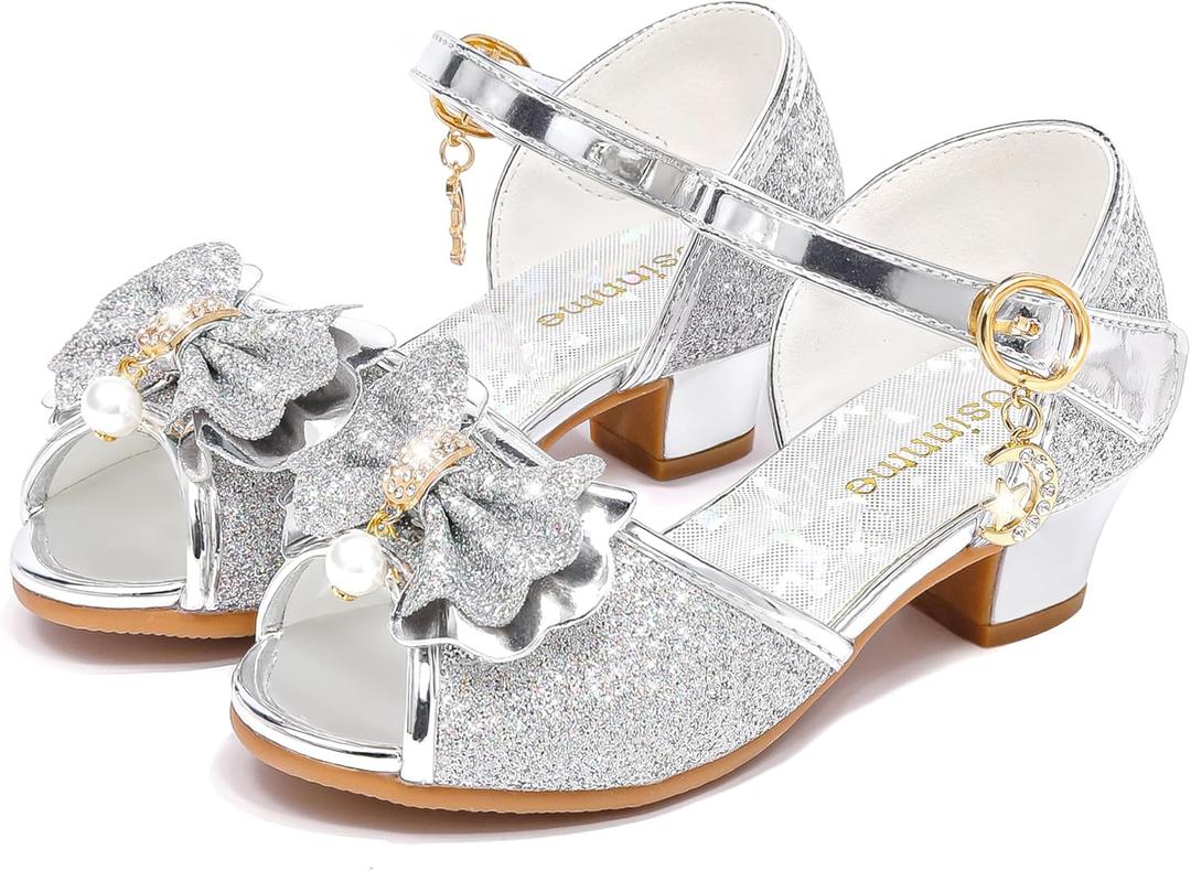 Sandals for Girls High Heel Wedding Princess Size 10 Little Girl Violet Toddler Kids Sequin Dress Rhinestone Shoes Knot (Sliver 9.)