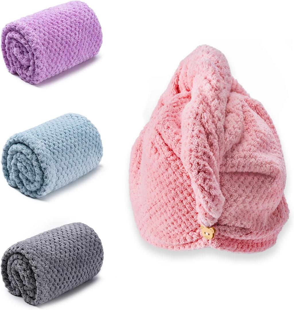 Hair Towel Wrap, 4 Packs 9.8 x 25.6 Inch Towel Turbans for Wet Hair, Dry Hair Towel, Headbands for Curly and Long Hair - Bathroom Must-Have for Ladies
