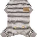 KYEESE Dog Pajamas Stretchable 4 Legs Doggie Jammies Striped Jumpsuit Lightweight Onesie Puppy Pajamas Cozy Outfit Comfortable Dog Clothes Hair Shedding Cover Pet Jammies,Ivory Brown Striped, Medium (Medium (11-16lbs))