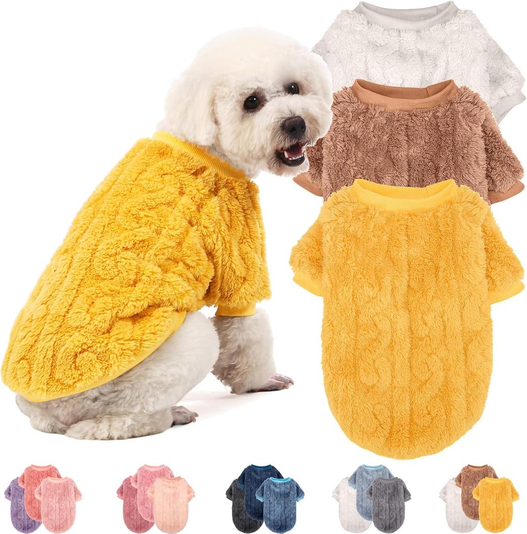 3 x Dog Sweater, 3 Pack Dog Sweaters for Small Dogs or Cats, Girl or Boy, Warm Dog Clothes Shirt Coat for Winter Christmas (Beige, Coffee, Yellow, XX-Small)