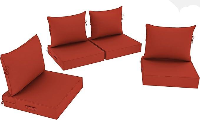 Outdoor Chair Cushion, 22 x 22 Inch Waterproof Deep Seat Patio Cushions Set of 4, Loveseat Cushions for Outdoor Furniture, 4'' Thick Patio Furniture Cushion with Handle Straps,Brick Red