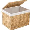 Water Hyacinth Storage Basket with Lid, 31.7 Gallon (120L) Wicker Shelf Basket with Removable Liner, Wicker Storage Basket for Blanket, for Livingroom, Bedroom, Natural