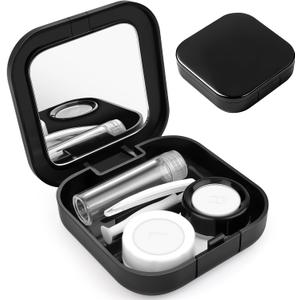 AHIER Portable Contact Lens Case Travel Kit Mirror +bottle + tweezers Container Holder (black)