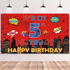 Spider Web 5th Birthday Banner - Red Webs Large Happy Birthday Backdrop Decorations(7143 Inch), Red Blue Photo Booth Photography Background Supplies for Kids Boys 5 Year Old