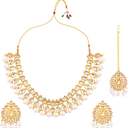 Efulgenz Kundan Necklace Indian Jewelry Kundan Crystal Faux Pearl Necklace Set Bollywood Wedding Choker Necklace Earrings Maang Tikka Bridal Set for Women