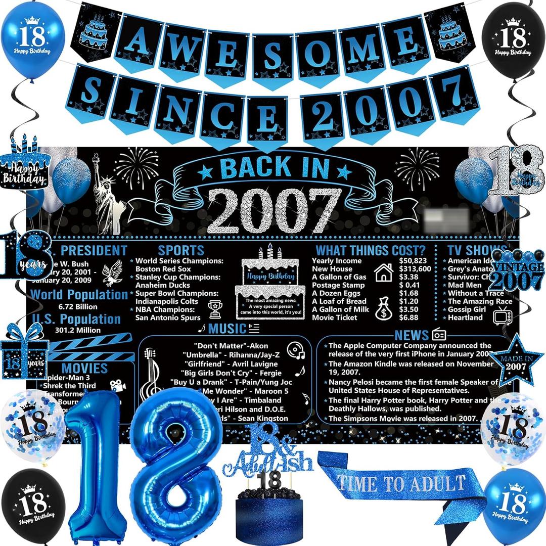 Trgowaul 18th Birthday Decorations for Boys, 20PCS Black Blue Back in 2007 Birthday Party Supplies, Blue Vintage Banner, Sash, 18th Cake Topper, Latex Balloon, 18 Year Old Set