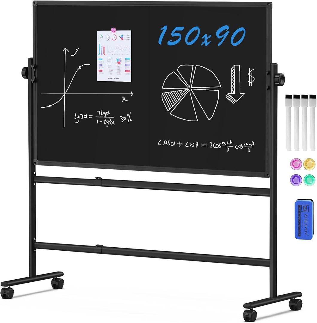 ZHIDIAN Rolling Chalkboard Double-Sided 60 x 36, Large Magnetic Blakc Dry Erase Board with Stand, Movable Blackboard for Office, School, Home
