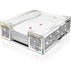 Wocred Flat Mirror Napkin Holder for Bathroom Vanity,Crystal Crushed Diamond Guest Towel Holder,Cute Napkin Tray for Kitchen,Dining table,Guest Bathroom.(8.1”X8.1”X2.6”)