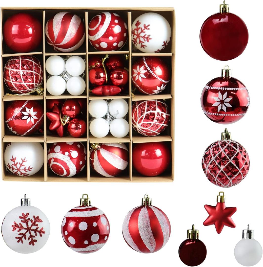 Christmas Balls,Christmas Tree Decorations Ornaments Set,42pcs Shatterproof Plastic Decorative Hanging Ball for Xmas Party Holiday Wedding (Red and White)