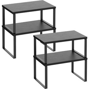 Kitchen Cabinet Organizer Shelf Set of 4, Sturdy Kitchen Counter Shelves with Metal Legs, Stackable Expandable Wood Spice Rack Pantry Cupboard Dish Mug Cup Storage Organizer Shelf, Black