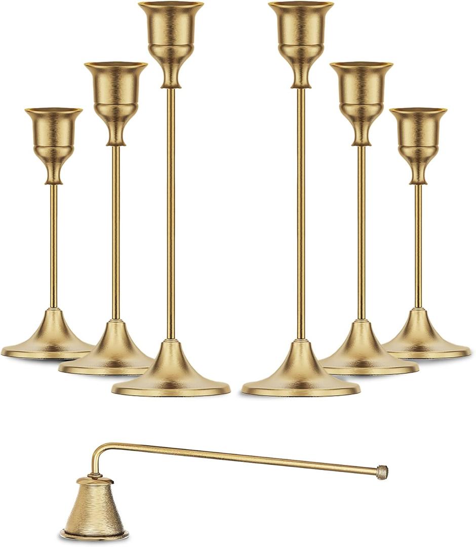 Gold Candleholders for Taper Candlesticks Plus Candle Snuffer  Dining Table Dcor Centrepiece - Brass Candelabra Candlestick Holder - Gold Dcor for Home Weddings Celebrations Events (Set of 6 Pcs)