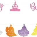 Princess Happy Birthday Banner, Pre-Strung Glitter Birthday Garland with Castle Princess Dresses Cutouts for Girls Party & Baby Shower Decorations