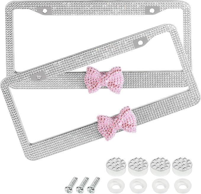 SCUARI Car Rhinestone License Plate Frame,Bling License Plate Frame,Cute Girly Car Accessories,Shiny Rhinestones Premium Licenses Plates Holder with Mounting Bolts,Fits Cars,SUVs (Dark Blue&White) (2pcs)