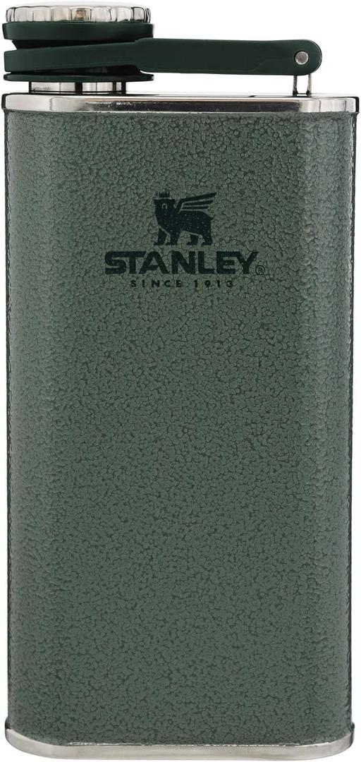 Stanley Classic Easy Fill Wide Mouth Flask 8 oz | Leakproof Hip Flask | Hinge Connected Never Lose Cap | Insulated Stainless Steel Liquor Container | BPA-Free | Hammertone Green