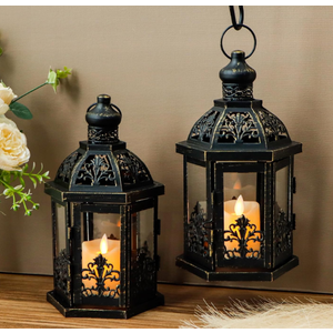 TRIROCKS Set of 2 Vintage Decorative Lanterns 9.5" H Hanging Lantern Metal Candleholder with Tempered Glass for Indoor Outdoor Home Decor Parties Garden Events Wedding(Black with Gold Brush)