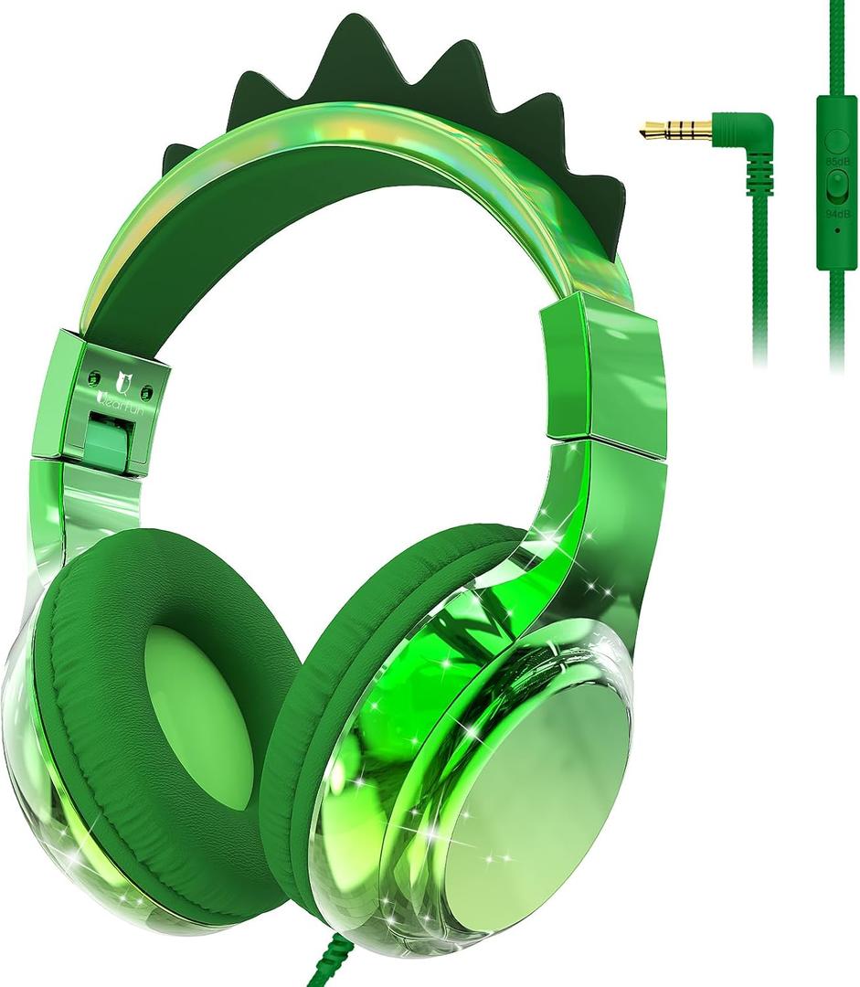 QearFun Kids Dinosaur Headphones Wired with Mic, 85/94dB Safe Volume Limit, Sparkly Wired Headset, Foldable, Sharing Port & Tangle-Free Cord for School, Chromebook, Tablet, Travel, Boys & Girls