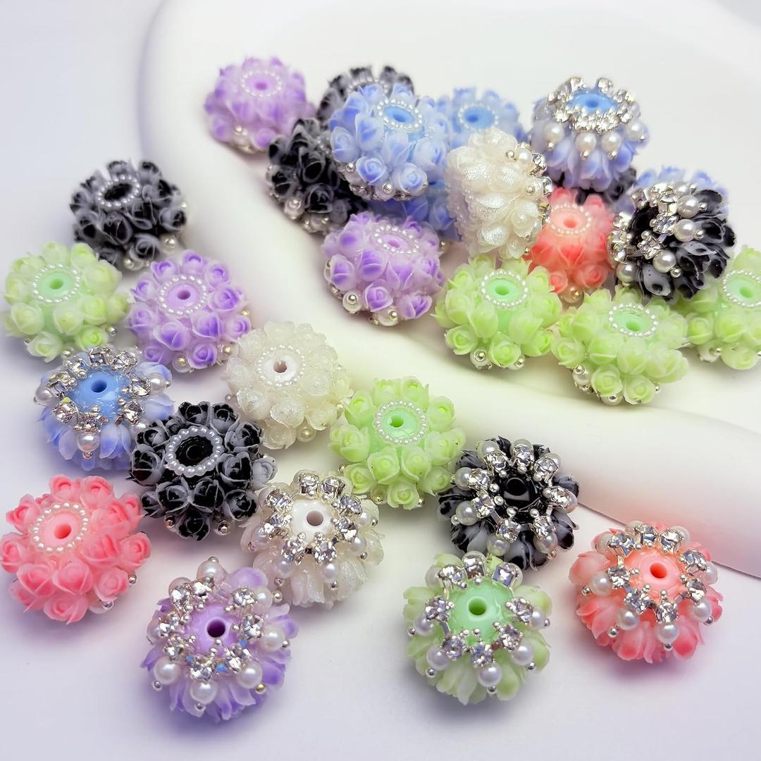 10pcs Rhinestone Focal Beads for Pens, Sparkling 3D Rose Flower Designs, Fancy Beads for DIY Jewelry Making Keychains Crafts Holiday Decorations