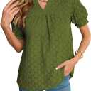 Tops For Women 2025 Boho Floral Short Puff Sleeve Shirts Summer Flowy V Neck Casual Lace Blouses (Green, XL)