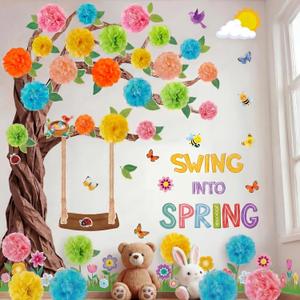 Pajean 72 Pieces Spring Tree Bulletin Board Set, DIY 3D Classroom Tree Kit with Pom Poms Flower Kraft Paper Swing into Spring Cutouts for Back to School Elementary Teacher Home Wall Chalkboard Decor