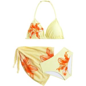 RoseSeek Girl's 3 Piece Swimsuits Floral High Waisted Bikini Bathing Suit with Mesh Coverups Skirt (Yellow), 13Y