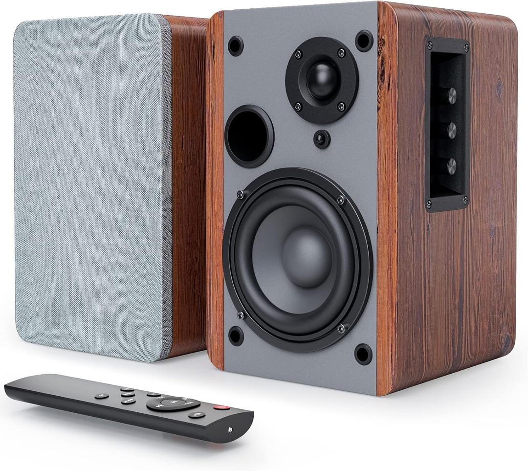 Smalody Powered Bookshelf Speakers (Pair), 2.0 Stereo Wood Active Speakers - 60 Watts RMS Near Field Speaker with Bluetooth, Wood Enclosure Premium Surround Sound Home Theater