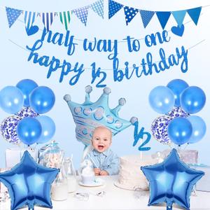 Half Way To One Banner - 20 Pcs Blue 6 Months Birthday Decorations Including Happy 1/2 Birthday Banner Cake Topper Star Foil Balloon Latex Balloons for Baby Shower Baby Boys Party Supplies