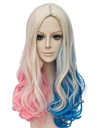 Qaccf Long Curly Blue Pink Blond Color Middle Parting Halloween Cosplay Women Wig (Mix)