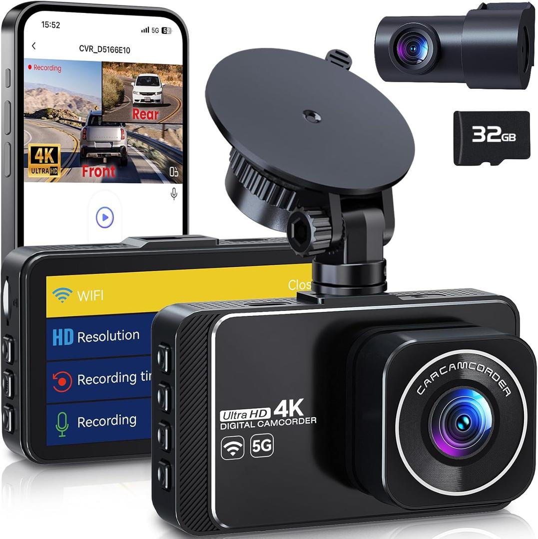 Dash Cam, 4K Ultra HD Front Camera+2K Rear Cameras, 5G WiFi - Fastest Download speeds app, Support iOS Android,WDR Night Vision, Car Camera with 3" IPS Screen 32GB Card,24H Parking Mode (Black)