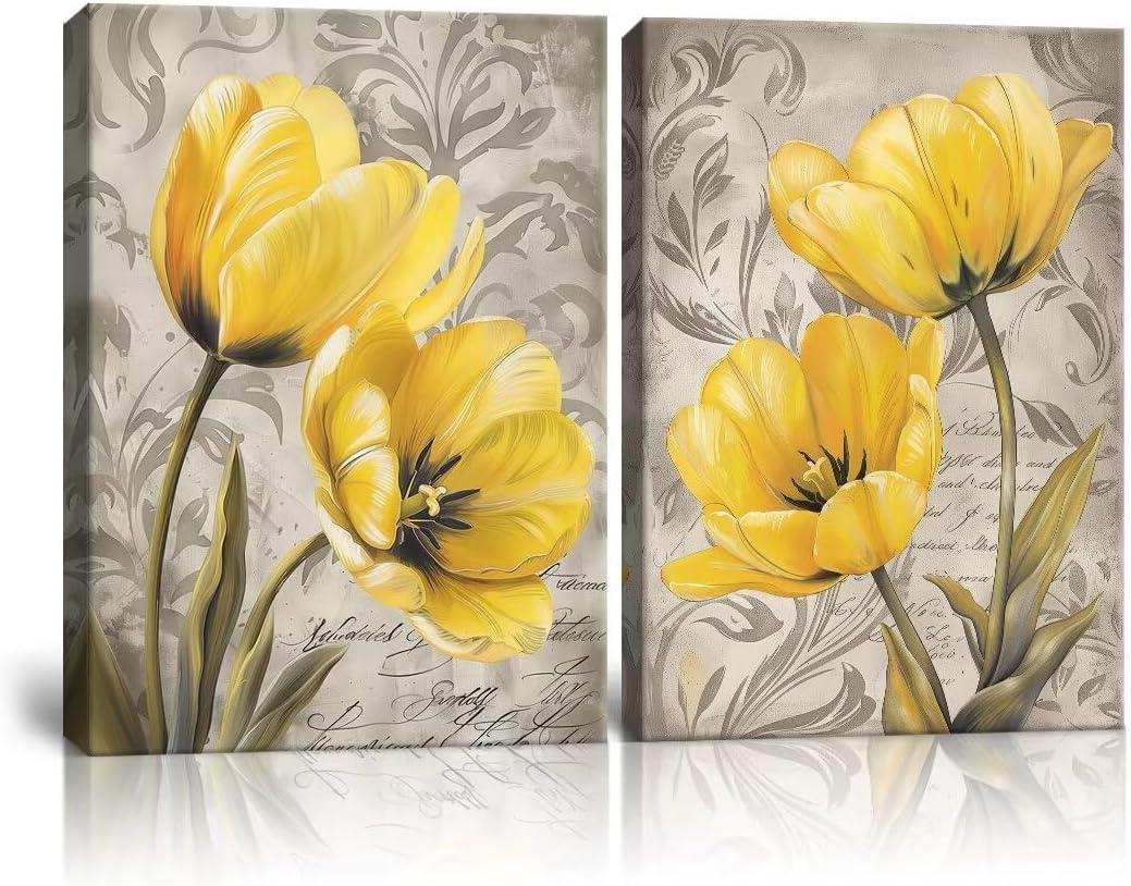 Yellow and Gray Flowers Canvas Wall Art Tulip Picture Prints Artwork Modern Floral Wall Decor for Living Room Bedroom Bathroom Decor Plant Painting Framed 2 Pieces, 16"W x 24"H inch x 2 pc