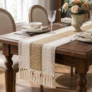 Boho Macrame Table Runner with Tassels Farmhouse Rustic Dining Woven Table Runner for Bedroom Dresser Kitchen Home Decor(White & Brown, 12x90 in)