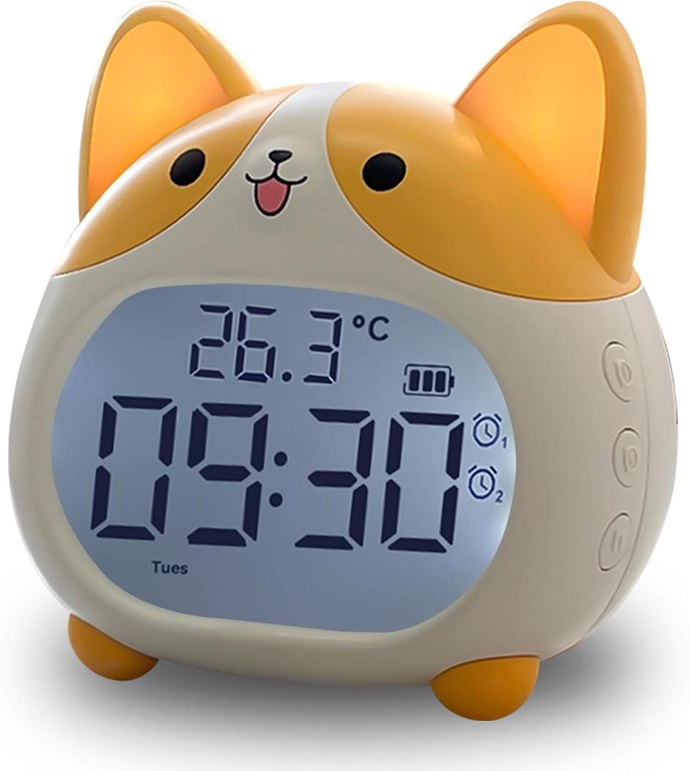 AVEKI Alarm Clocks for Kids - Cute Dog Clock with Night Light, 6 Alarm Tones, Snooze, Timer, Date and Temperature Display - Rechargeable Battery Operated Digital Clocks for Bedroom Kids Room (Corgi)