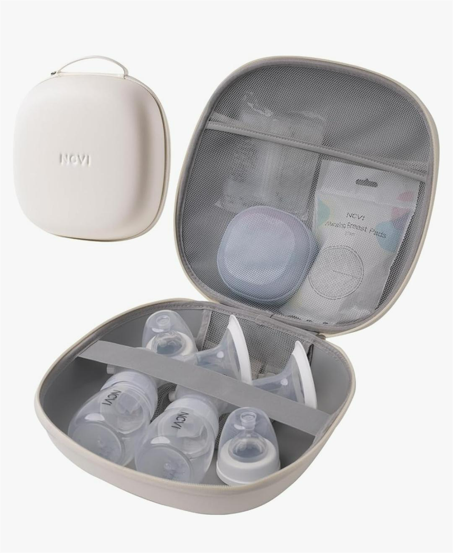 NCVI Breast Pump Carrying Case for Pump Parts and Bottles, Portable Wearable Pump Travel Bag Organizer for Working Moms, Durability Hard Shell, Interior with 3 Compartments through Mesh Bag, Beige
