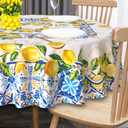 Lemon Tablecloth 60 Inch Round, Yellow and Blue Mediterranean Summer Decor Tile Flower Pattern Table Cloth Italian Themed Decor for Party Table Cover for Dining Room