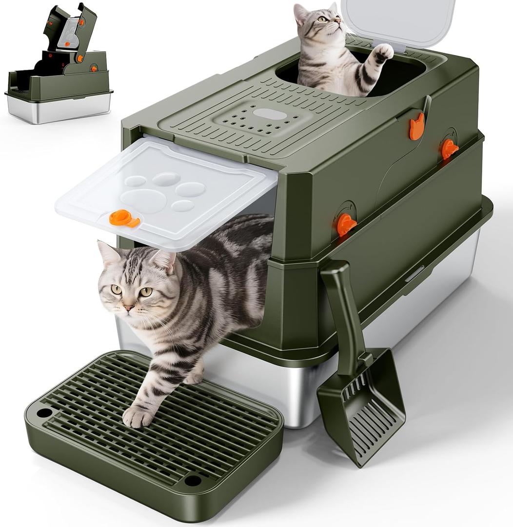 FURTIME Stainless Steel Litter Box with Lid, Enclosed Metal Cat Litter Box