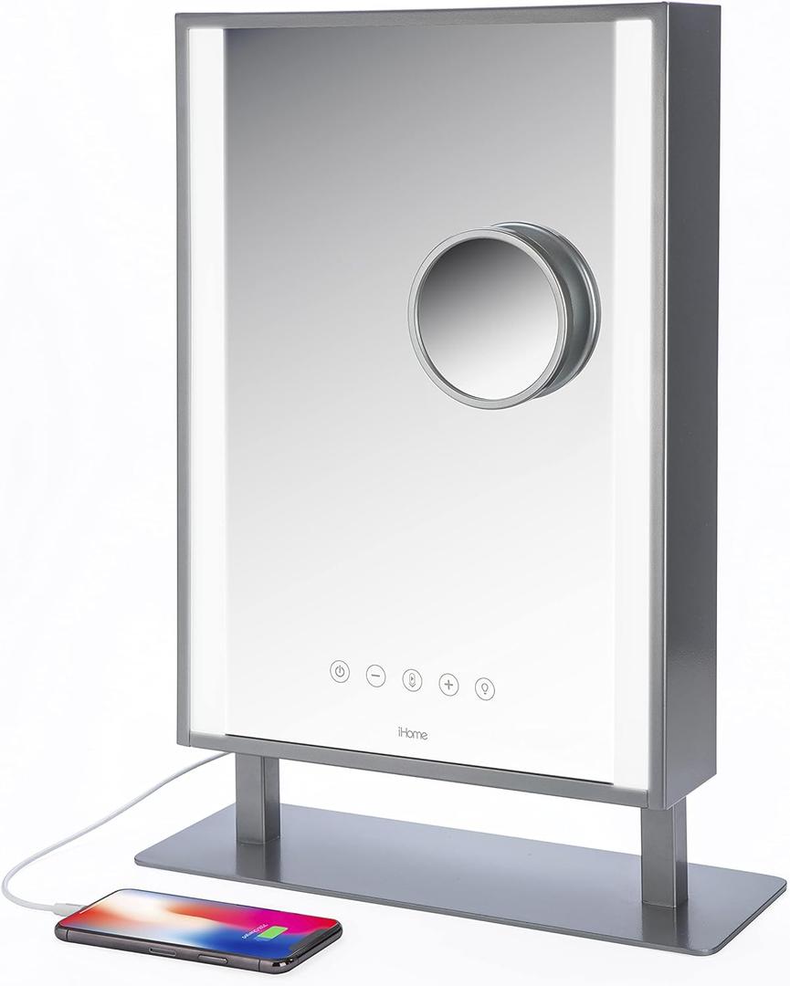 iHome Beauty Studio PRO Vanity Stereo Speaker with Bluetooth, Speakerphone, USB Charging and Removable 10x Detail Mirror