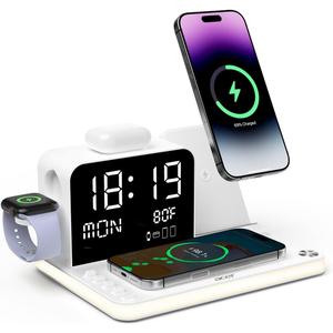 Acer 7-in-1 Wireless Charging Station with LED Clock - 30W Fast Wireless Charger for iPhone 16/15/14/13/12/Pro Max, Apple Watch, AirPods - Bluetooth Auto Time Sync & Night Lights (White)