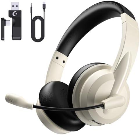 Wireless Headset with Mic for Work with AI Noise Cancelling Mic for Clear Calls, Bluetooth V5.3 Headphones with Microphone to USB A/C Dongle & Mic Mute for Computer Laptop PC iPhone (Apricot Black)