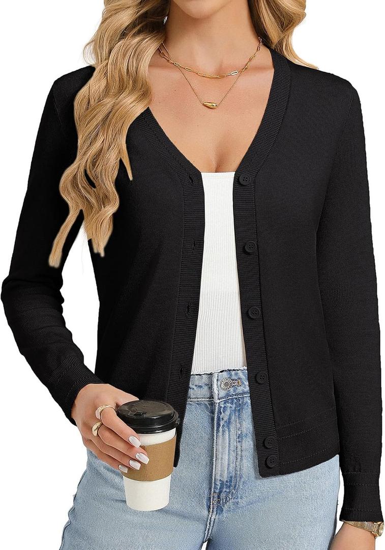 GRACE KARIN Womens Lightweight Cardigan Sweaters Trendy Button Up V-Neck Knit Cardigans Shrug Spring Fashion Clothes (Black, L)