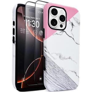 J.west for iPhone 13 Pro Max Case with 2 Pack Tempered Glass Screen Protectors Modern Abstract Geometric Phone Case Hybrid PC+TPU Slim Shockproof Phone Cover for Women Girls White Pink