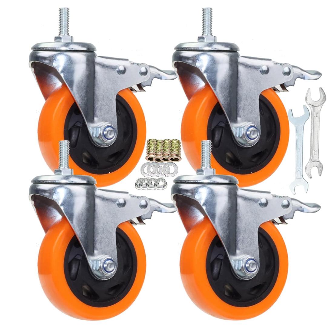 Heavy Duty Stem Caster Wheels M10-1.5X25mm Dual Locking No Noise PVC Threaded Stem Caster Wheels Pack of 4 for Workbench, Dolly, Furniture (4 Inch, Orange)