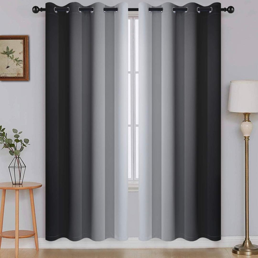 SimpleHome Ombre Room Darkening Curtains for Living Room, Light Blocking Gradient Black to Grey White Thick Thermal Insulated Grommet Window Curtains/Drapes for Bedroom, 2 Panels, 52x72 inches Length