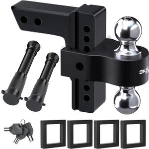 Adjustable Trailer Truck Drop Hitch - Fits 2 Inch Receiver Only, 8 Inch Drop Dual Ball Mount 2" and 2-5/16" Up to 12,500 LBS GTW, Heavy Duty Aluminum Towing Hitch with 2 Hitch Locks & 4 Silencer Pads (Black)