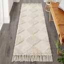 Lahome Checkered Runner Rug, 2x6 Boho Bathroom Rug Tufted for Hallway 6ft With Tassels, Cotton Washable Checkerboard for Entryway Indoor Laundry (2' x 6', Beige)